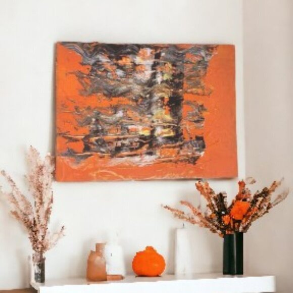 Painting Orange, Black, White and Yellow Abstract Textured  9 x 12 inches - Picture 2 of 3